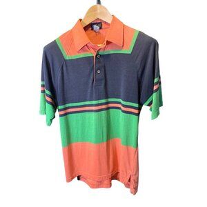 IZOD Navy Green Orange Striped Short Sleeve Polo Shirt SZ M